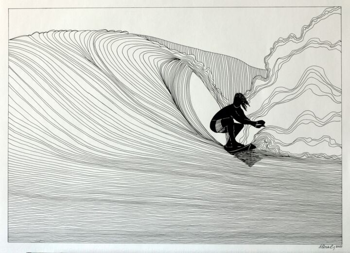 Drawing titled "Men Surfing 5" by Ibrahim Unal, Original Artwork, Pencil