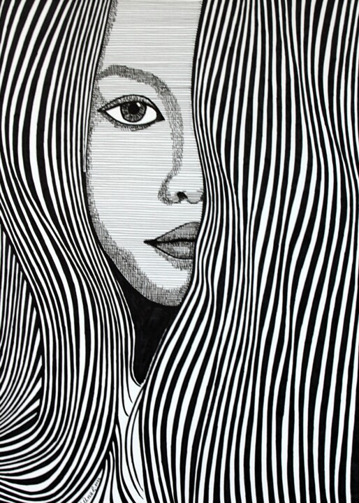 Zeichnungen mit dem Titel "Portrait with lines…" von Ibrahim Unal, Original-Kunstwerk, Bleistift