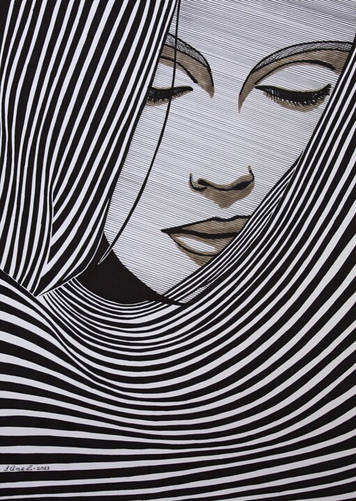 Dessin intitulée "Portrait with lines…" par Ibrahim Unal, Œuvre d'art originale, Marqueur