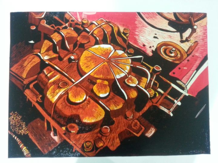 Отпечатки и Гравюры под названием "Pas Lekesi / Rust S…" - Ibrahim Kaya, Подлинное произведение искусства, Линогравюры