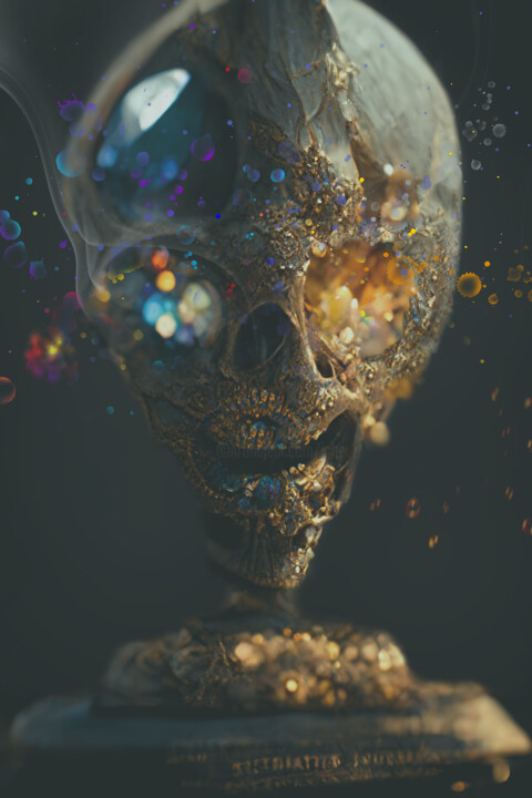 Digitale Kunst getiteld "living skull" door Iché, Origineel Kunstwerk, Digitaal Schilderwerk Gemonteerd op Frame voor houten…