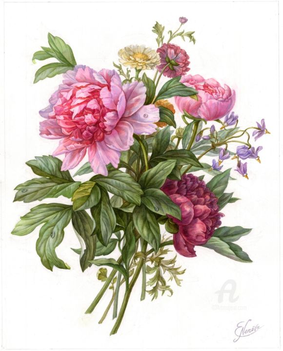 Painting titled "Flowers" by Elena Nenova, Original Artwork, Watercolor