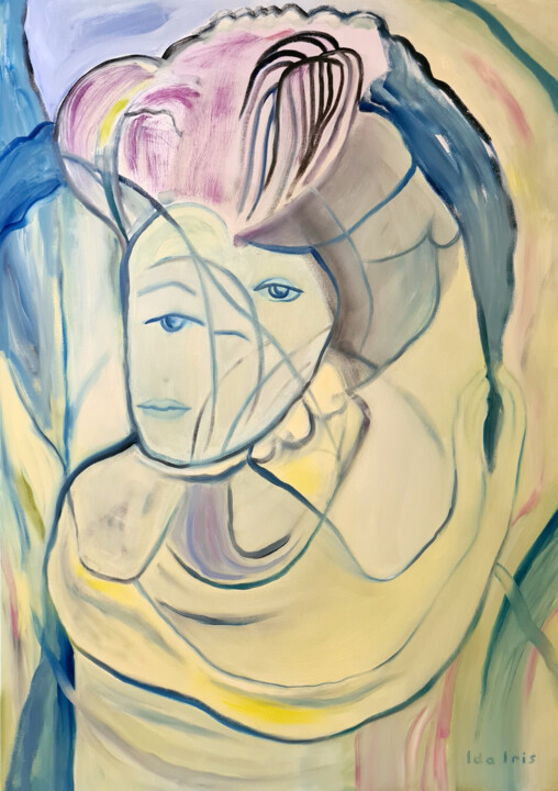 Schilderij getiteld "Woman with ribbon" door Ida Iris, Origineel Kunstwerk, Olie Gemonteerd op Frame voor houten brancard