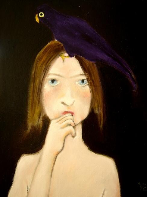 Painting titled "'GIRL WITH PARROT'" by Ida Jarosova, Original Artwork