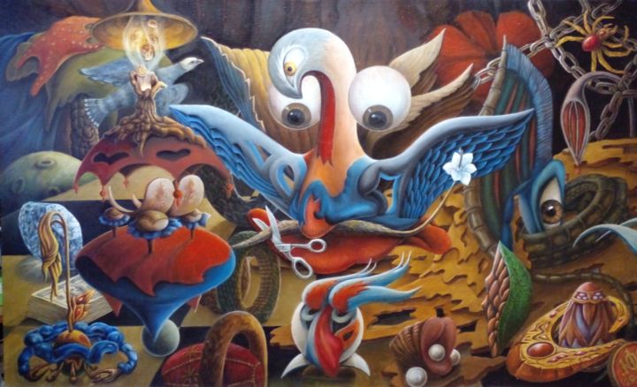 Картина под названием "Сюр-гламур-жар-птиц…" - Юрий Идоленков, Подлинное произведение искусства, Масло