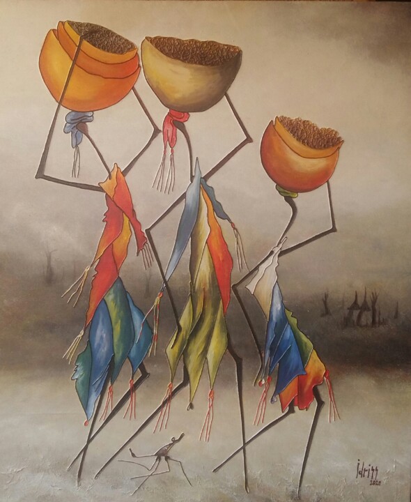 Peinture intitulée "Retour des champs" par Idrissa Savadogo, Œuvre d'art originale, Collages