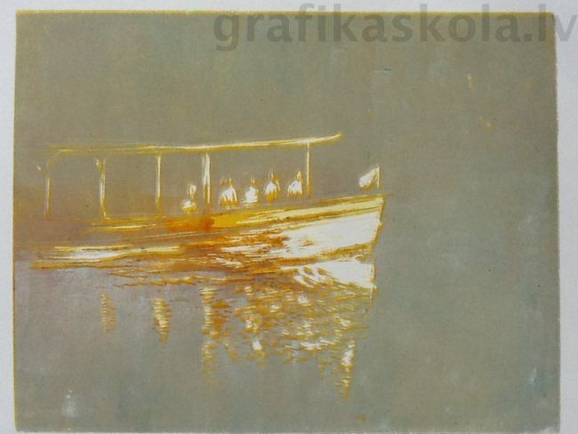 Druckgrafik mit dem Titel "Canal boat" von Ieva Helmute, Original-Kunstwerk