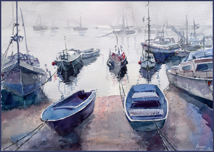 Painting titled "Foggy day at bay" by Igal, Original Art, Watercolor