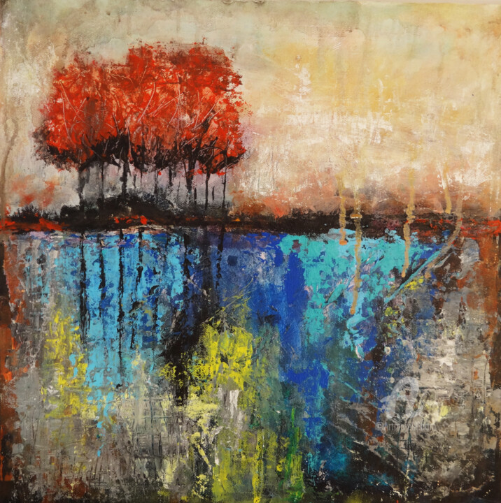 Painting titled "Red Trees Abstract…" by Indrani Ghosh, Original Artwork, Acrylic Mounted on Other rigid panel