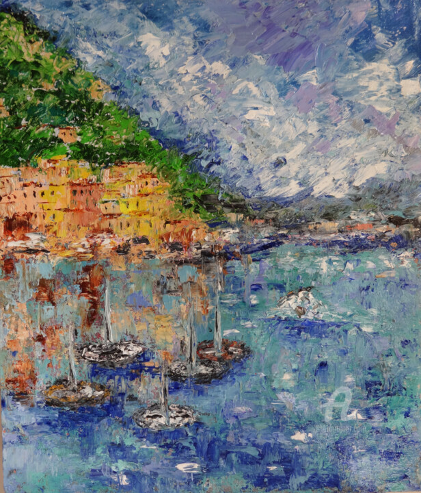Painting titled "Italy Portofino Imp…" by Indrani Ghosh, Original Artwork, Oil Mounted on Other rigid panel
