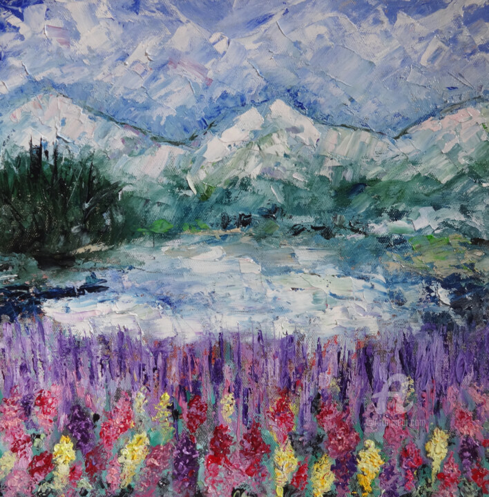 Painting titled "Lupins on the shore…" by Indrani Ghosh, Original Artwork, Oil Mounted on Other rigid panel