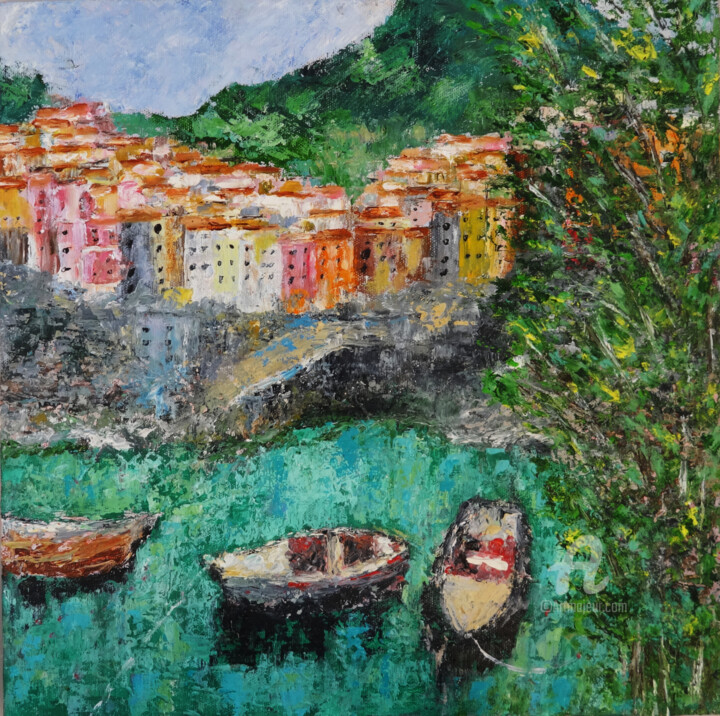 Painting titled "Cinque Terre Textur…" by Indrani Ghosh, Original Artwork, Oil Mounted on Other rigid panel