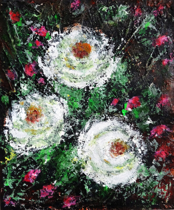 Malerei mit dem Titel "White Roses with Pi…" von Indrani Ghosh, Original-Kunstwerk, Acryl Auf Andere starre Platte montiert