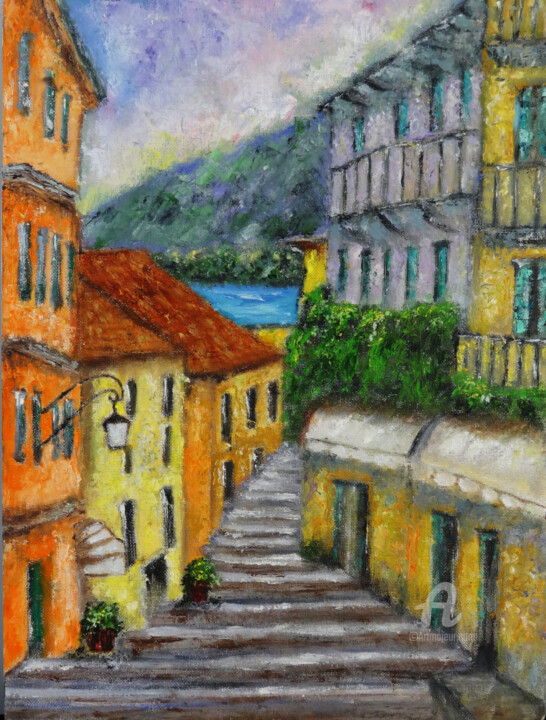Painting titled "Bellagio Italy Oil…" by Indrani Ghosh, Original Artwork, Oil Mounted on Other rigid panel