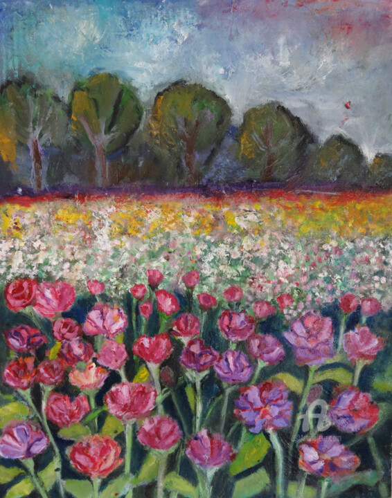 Painting titled "Wild Flower Meadow…" by Indrani Ghosh, Original Artwork, Oil