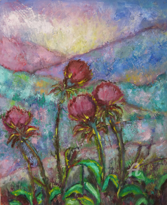 Painting titled "Holy Thistles on th…" by Indrani Ghosh, Original Artwork, Oil