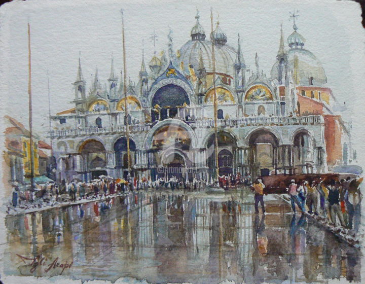 Painting titled "piazza-s-marco-acqu…" by Igli Arapi, Original Artwork, Watercolor