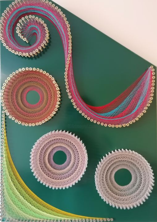 Textielkunst getiteld "Circle lines" door Ignas Kance, Origineel Kunstwerk, String Art