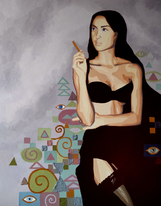 Painting titled "Lady With A Cigaret…" by Tatiana Ignat, Original Art, Oil Mounted on Stretcher frame