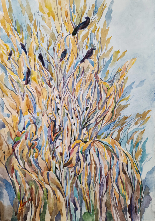 Peinture intitulée "Грачи в жёлтом осен…" par Igor Hramov, Œuvre d'art originale, Aquarelle