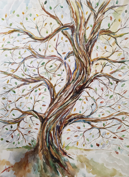 Painting titled "Позднее дерево" by Igor Hramov, Original Artwork, Watercolor