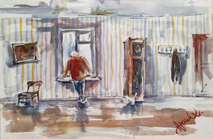 Картина под названием "Часы у окна" - Игорь Храмов, Подлинное произведение искусства, Акварель