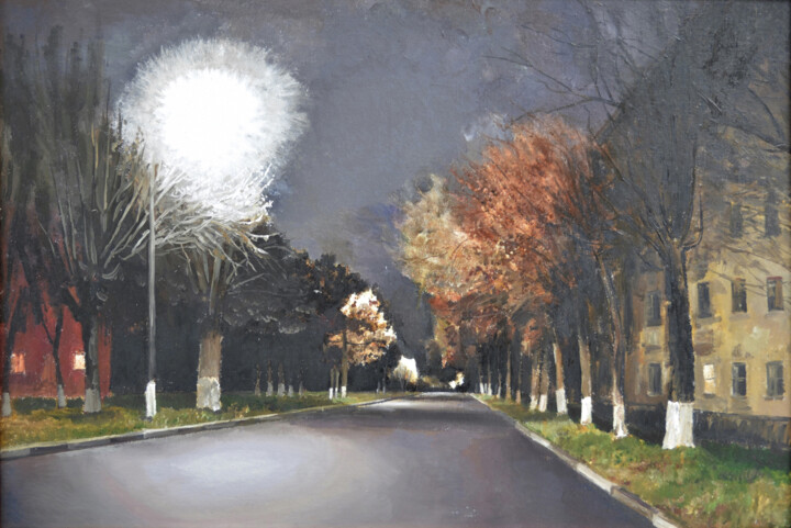 Картина под названием "Ночная улица Инстит…" - Игорь Машин, Подлинное произведение искусства, Масло Установлен на Другая жес…