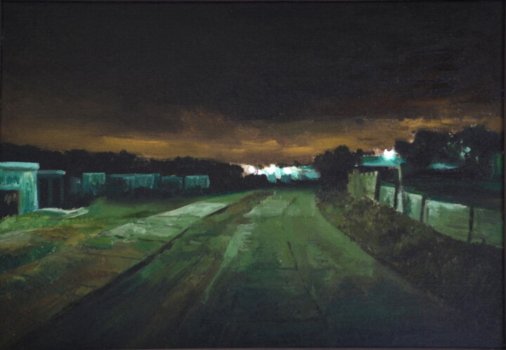 Peinture intitulée "Ночь. Окраина города" par Igor Masin, Œuvre d'art originale, Huile Monté sur Autre panneau rigide