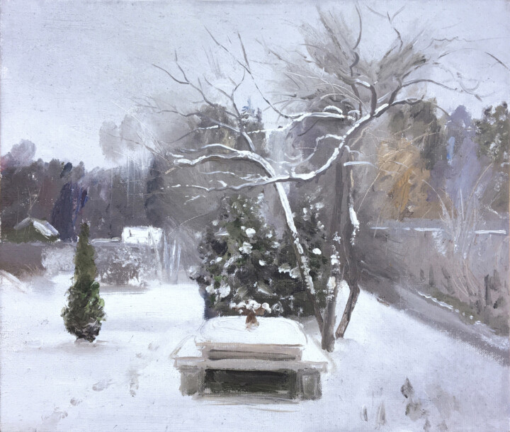 Peinture intitulée "Первый снег" par Igor Masin, Œuvre d'art originale, Huile Monté sur Autre panneau rigide