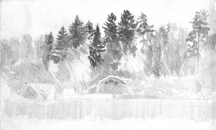 Drawing titled "Еловый лес зимой" by Igor Masin, Original Artwork, Pencil