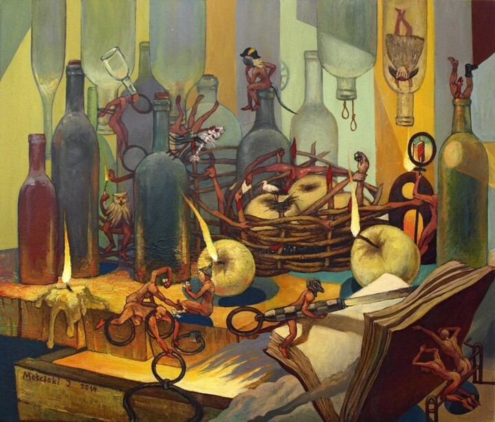 Painting titled "Still life with bot…" by Igor Moscicki, Original Artwork, Oil