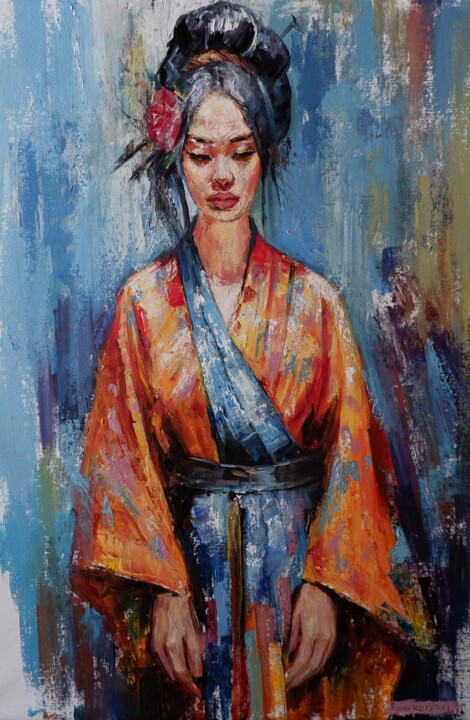 Painting titled "Geisha" by Igor Navrotski, Original Artwork, Oil Mounted on Wood Stretcher frame
