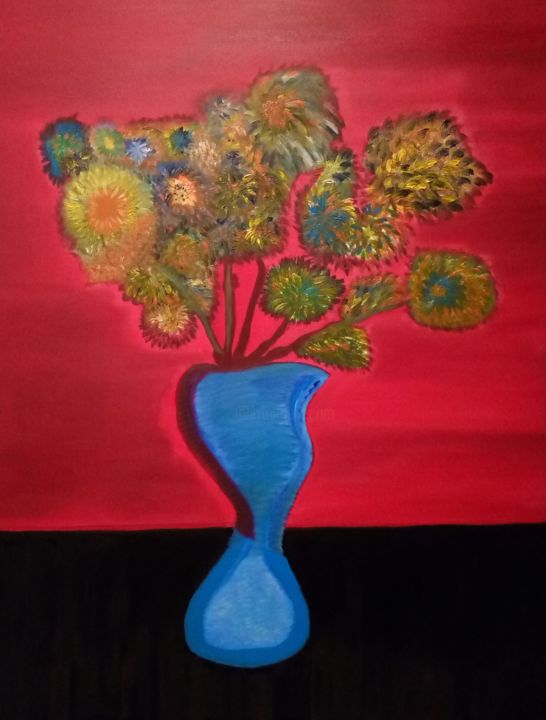 Painting titled "Flowers in red room" by Oleinick, Original Artwork, Oil