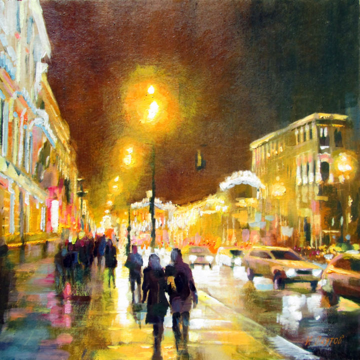 Painting titled "Ночной город" by Igor Pautov, Original Artwork, Oil