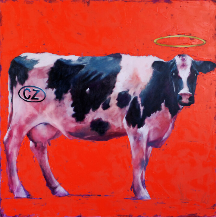 Schilderij getiteld "My cow." door Igor Shulman, Origineel Kunstwerk, Olie