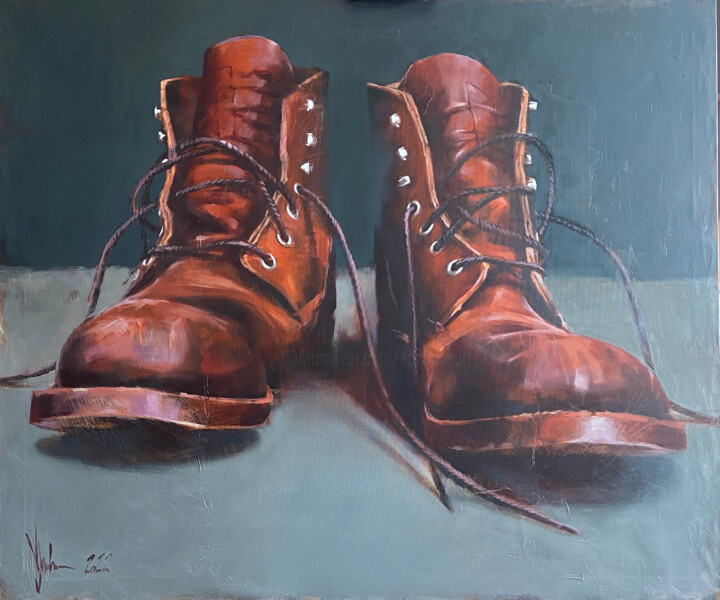 Painting titled "Just shoes." by Igor Shulman, Original Artwork, Oil Mounted on Wood Stretcher frame