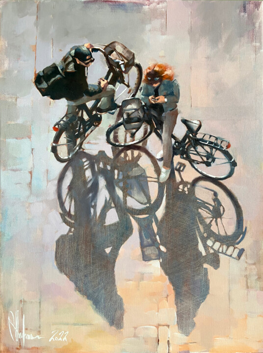 Painting titled "Meeting after work." by Igor Shulman, Original Artwork, Oil Mounted on Wood Stretcher frame