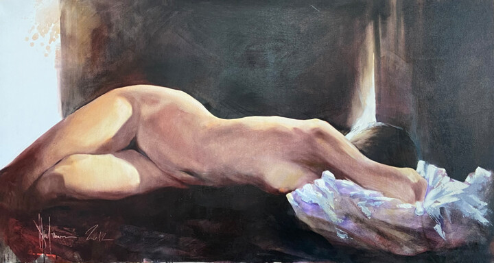 Painting titled "Nude #118" by Igor Shulman, Original Artwork, Oil Mounted on Wood Stretcher frame