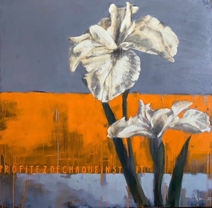 Painting titled "About of irises." by Igor Shulman, Original Artwork, Oil Mounted on Wood Stretcher frame