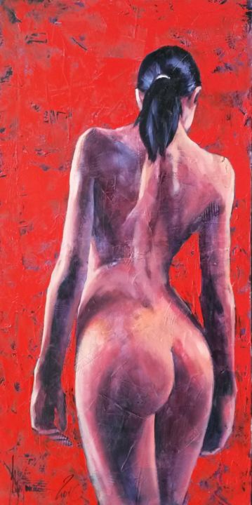「Nude on red」というタイトルの絵画 Igor Shulmanによって, オリジナルのアートワーク, オイル
