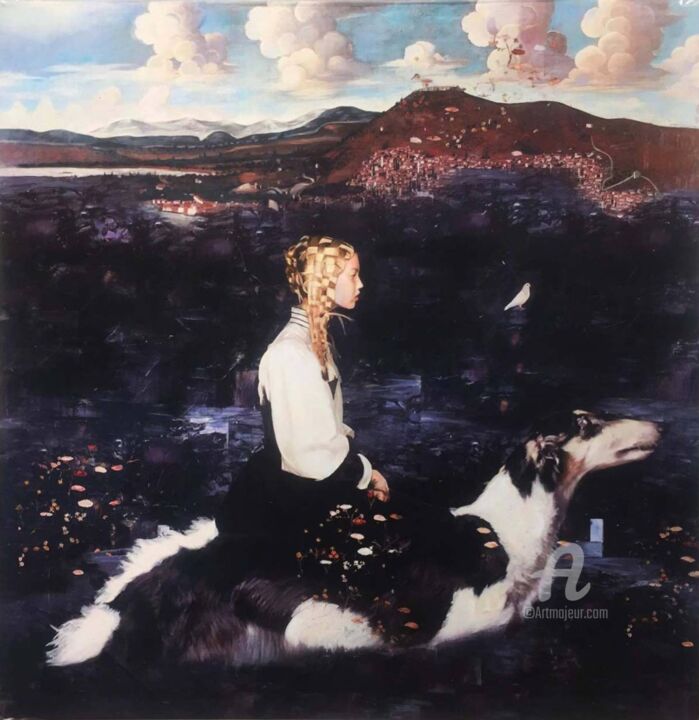 Картина под названием "girl on dog" - Igor Skaletsky, Подлинное произведение искусства, Акрил