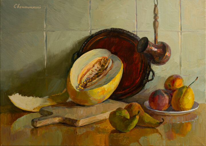 Картина под названием "Still life with mel…" - Igor Sventitski, Подлинное произведение искусства, Масло Установлен на Деревя…