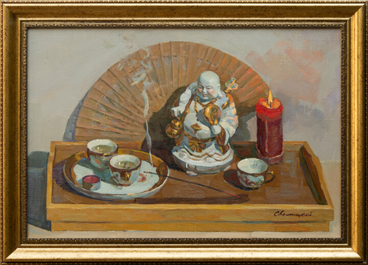 Painting titled "Green tea" by Igor Sventitski, Original Artwork, Oil Mounted on Wood Stretcher frame