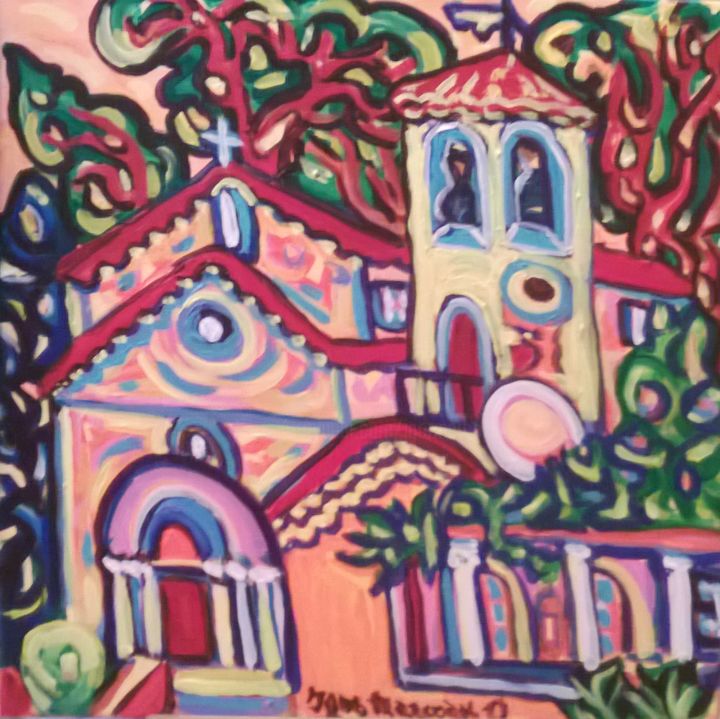 Painting titled "Castellaras, church." by Igor Marceau, Original Artwork, Oil