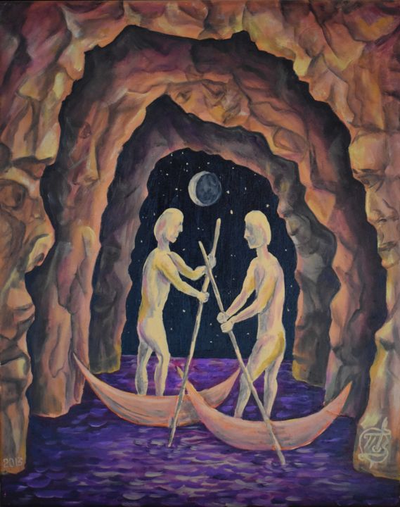 Painting titled "Boat People II" by Igor Pozdnyakov, Original Artwork, Oil Mounted on Wood Stretcher frame