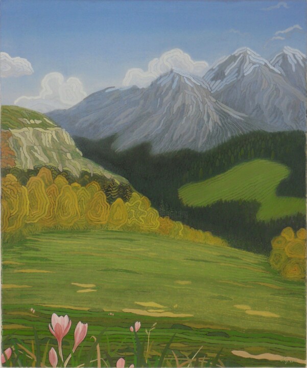Painting titled "Spinnblumenwiese" by Igors Gengeris, Original Artwork, Oil