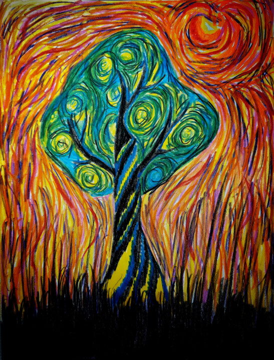 Dessin intitulée "Огненное дерево/Fir…" par Ihorkacrazy, Œuvre d'art originale, Conté