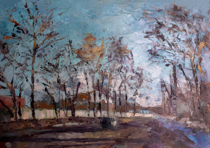 Картина под названием "Spring on the outsk…" - Iigamov, Подлинное произведение искусства, Масло