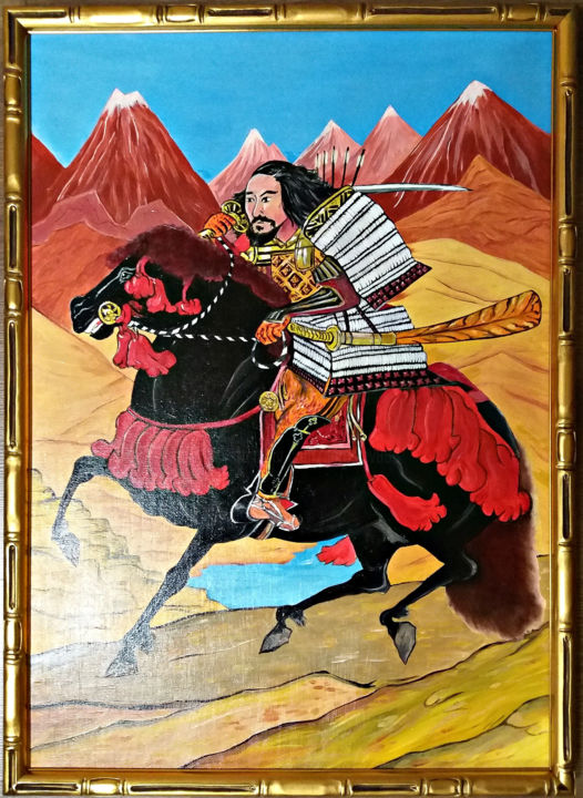 Painting titled "Самурай на чёрном к…" by Vyacheslav Ig, Original Artwork, Oil Mounted on Wood Stretcher frame