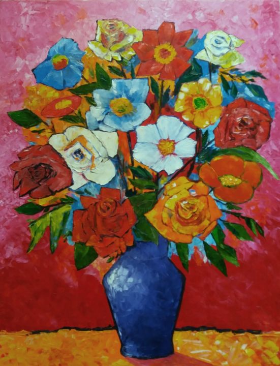 Painting titled "Цветы в вазе" by Vyacheslav Ig, Original Artwork, Oil Mounted on Wood Stretcher frame